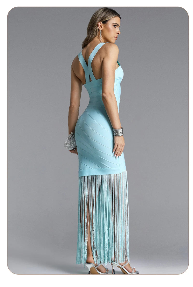 Light Blue Halter Neck Sleeveless Fringe Bandage Maxi Dress for Women