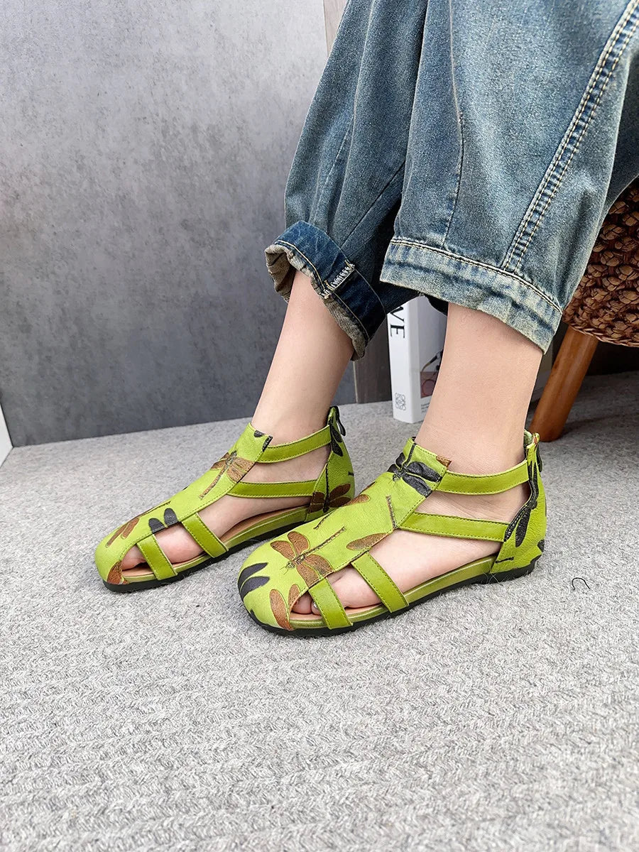 Flat Printed Genuine Leather Roman Sandals for Women