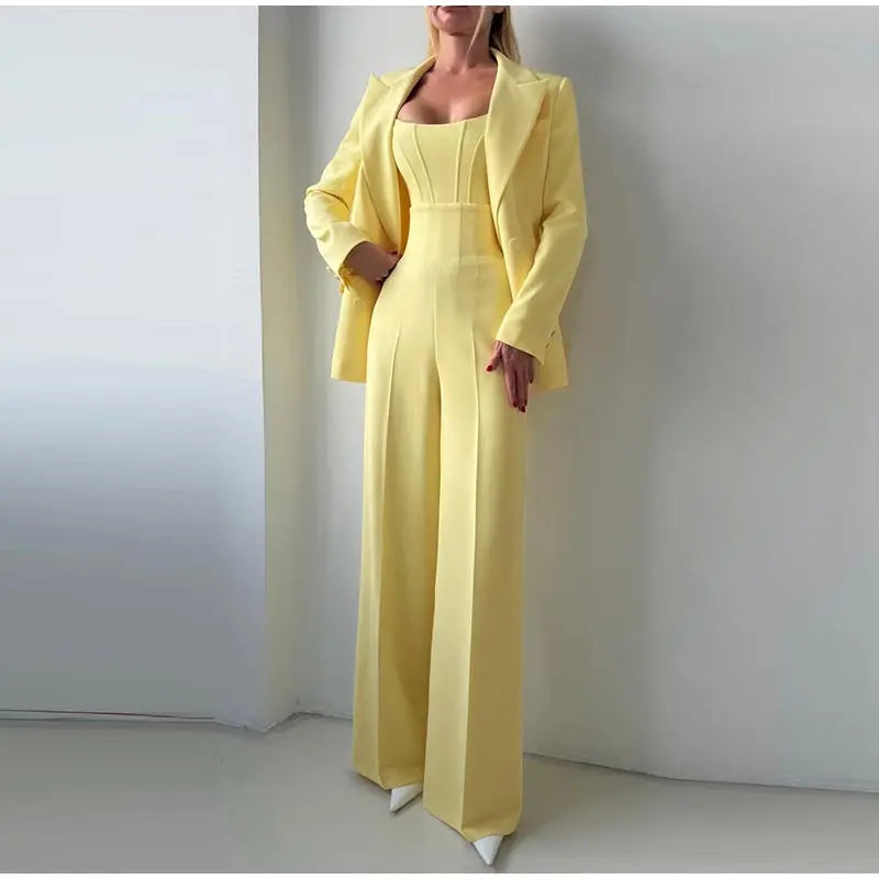 Elegant Wide Leg Pants And Blazer Three Piece Set For Women