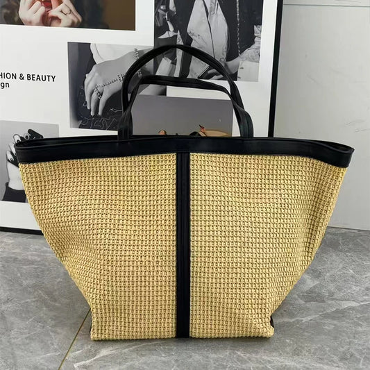New Brand Woven Women's Tote Bag Large Capacity Splice Versatile Woven Beach Bag Fashion Single Shoulder Straw Bag Underarm Bag
