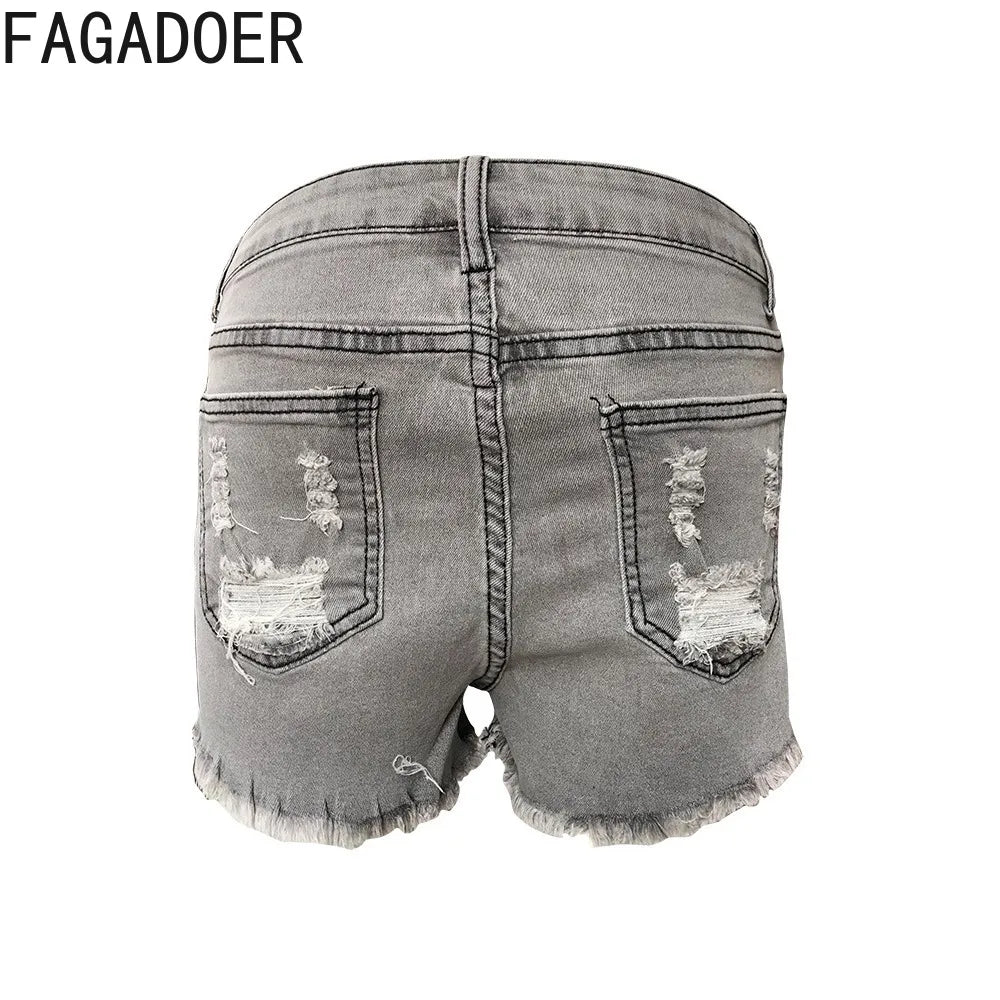 FAGADOER Gray Fashion Street Style Women High Waisted Button Denim Shorts Casual Female Solid Color Hole Matching Bottoms 2023