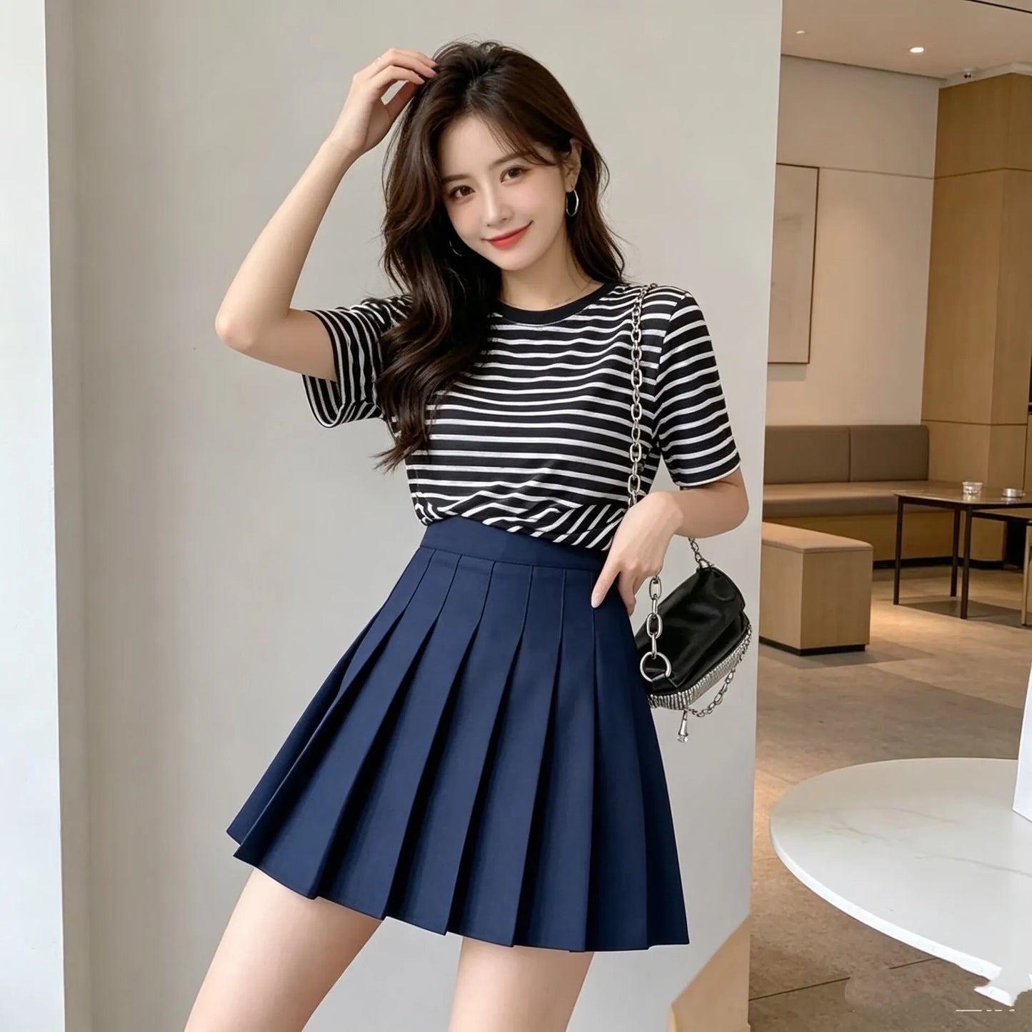 White High Waist Pleated Mini Skirt With Built In Shorts For Women