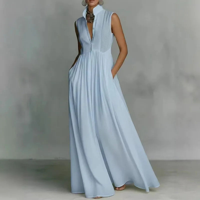 Bohemian Stand Collar Button Maxi Shirt Dress for Women