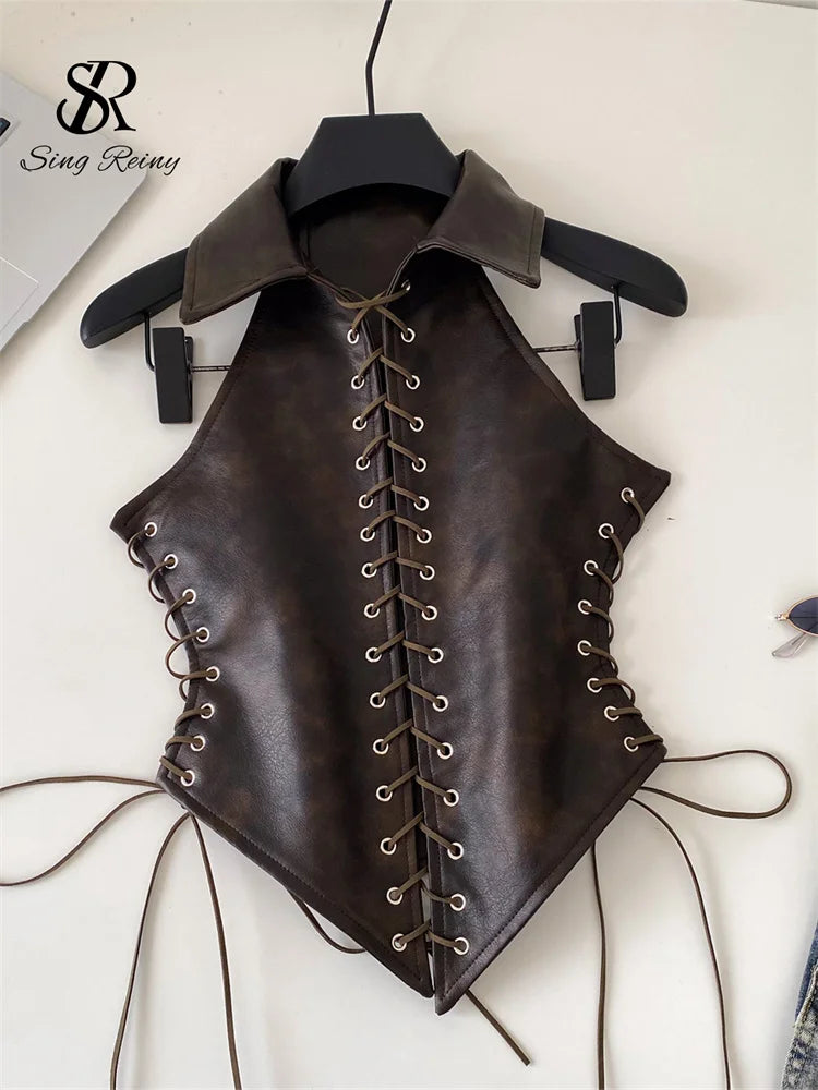 Retro Lace Up Faux Leather Sleeveless Bustier Top for Women