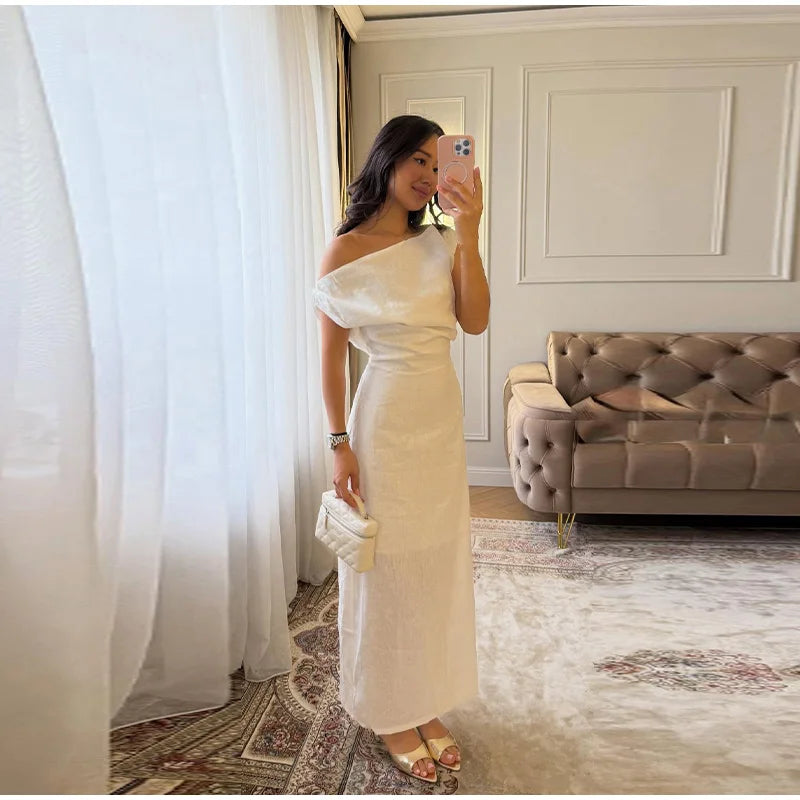 Elegant One Shoulder Side Split Ankle Length Dress for Women
