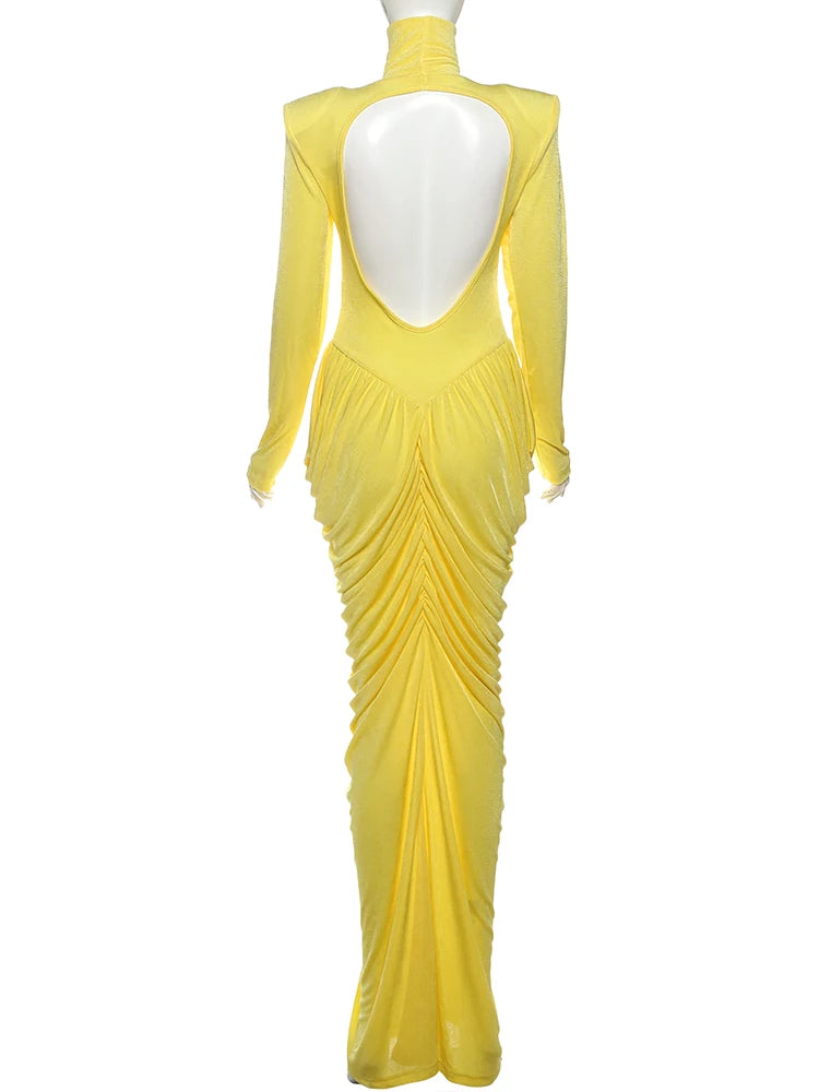 Elegant Ruched Backless Turtleneck Maxi Dress for Women