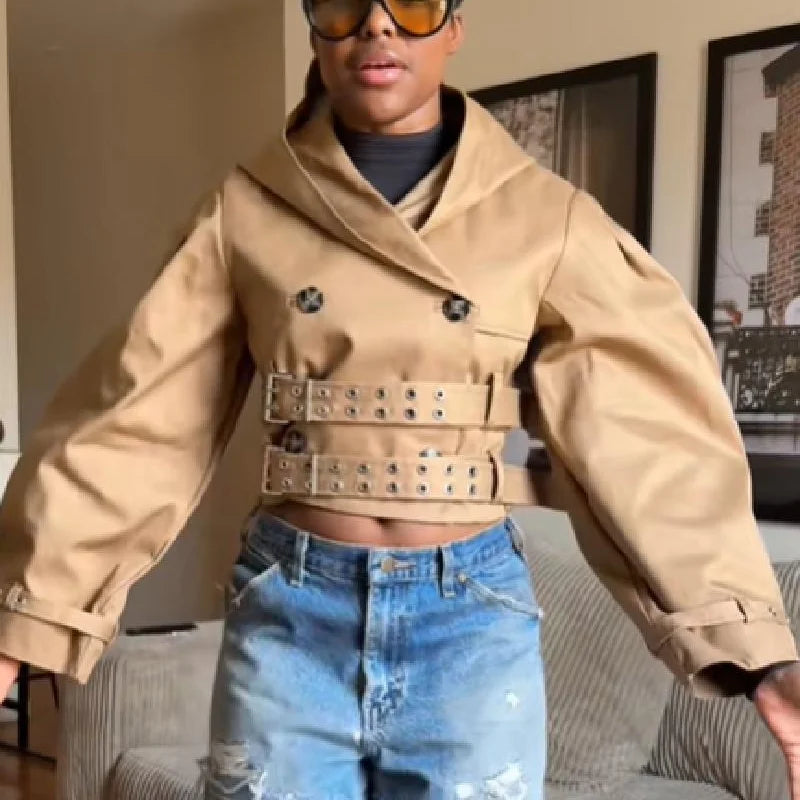 Chic Punk Trench Coat For Women Full Sleeve Loose Hooded Crop Jacket Lapel Bat Sleeve Long Coats 2025 New Lady Y2k Fall Outwears