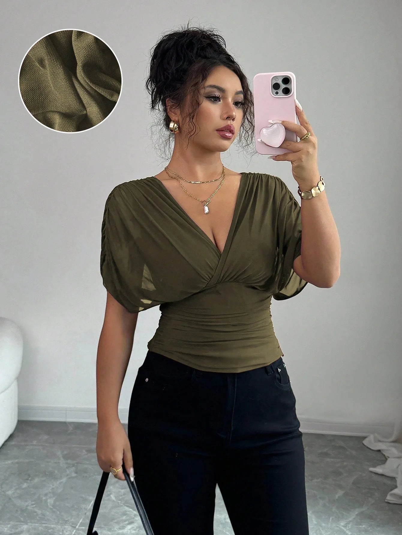 Elegant Deep V Neck Flutter Sleeve Waist Cinching Top for Women