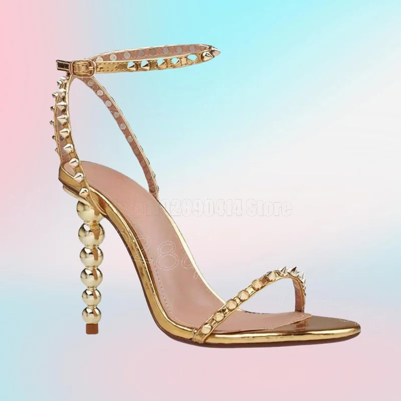 Rose Red Spiked Buckle Strap Heel Sandals for Women