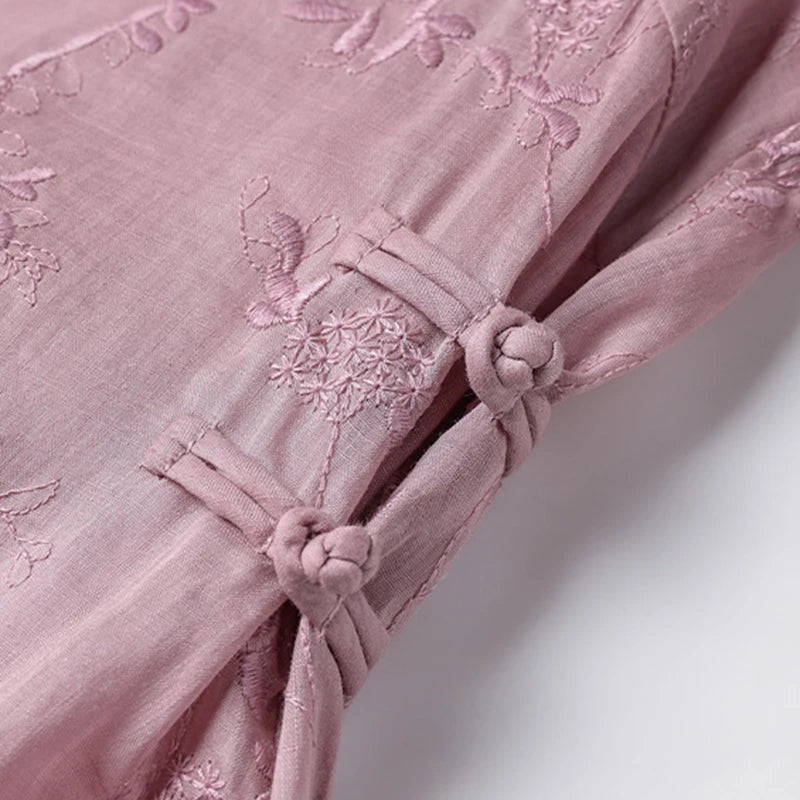 Elegant Embroidered Ramie Linen Knee Length Dress for Women