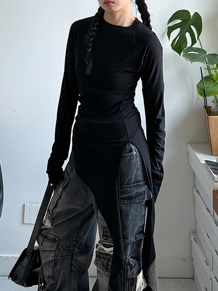 [EAM] Women White Irregular Hem Elegant Long Slim T-shirt New Round Neck Long Sleeve Fashion Tide Spring Autumn 2025 1DJ0097