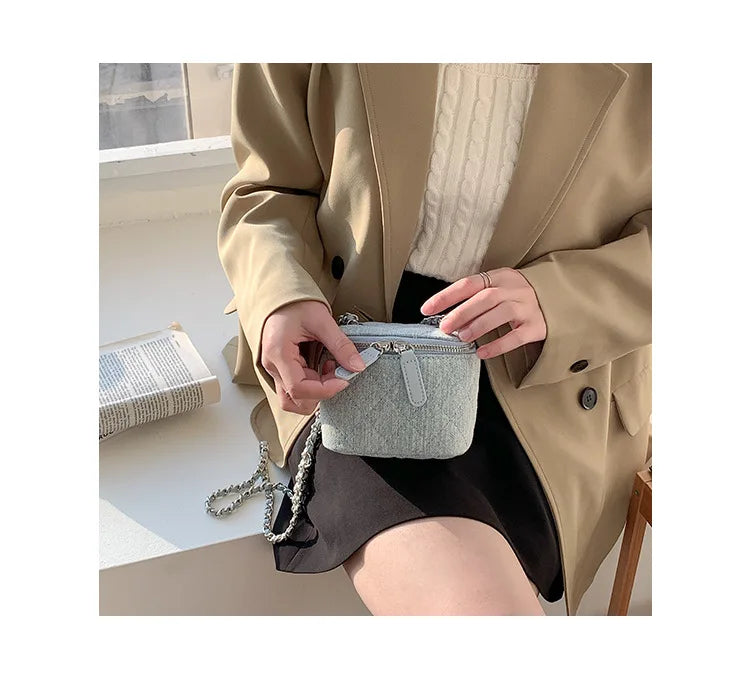 Mini Denim Crossbody Bag with Chain Strap for Women