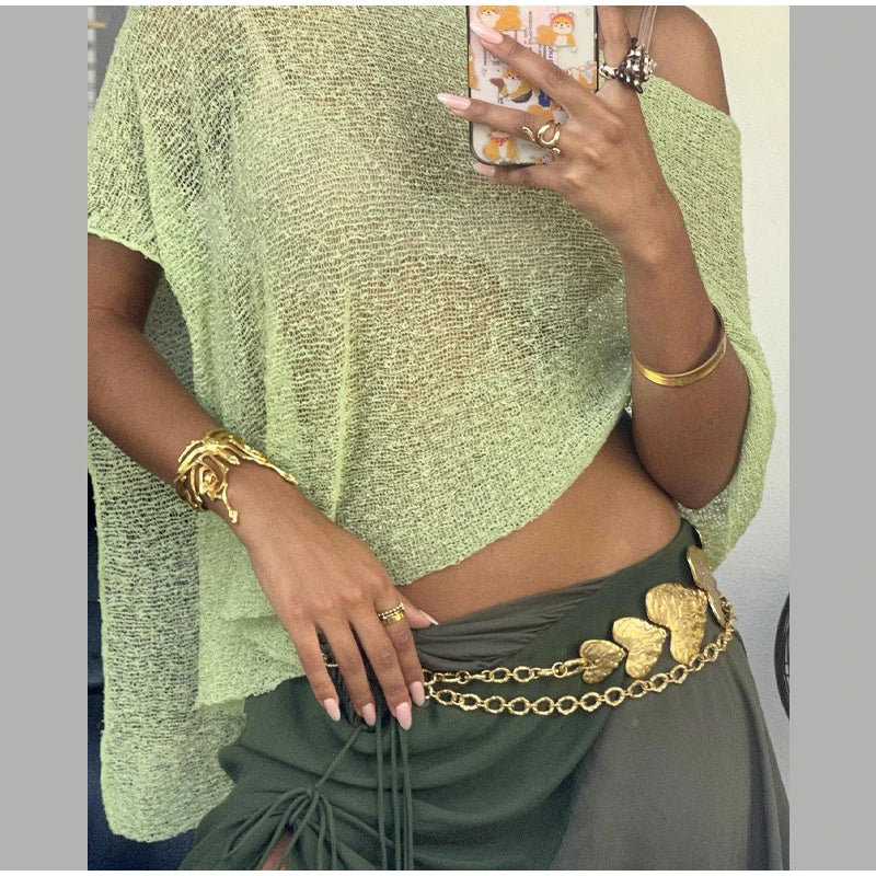 Sheer Knit O Neck Asymmetrical Loose Blouse for Women