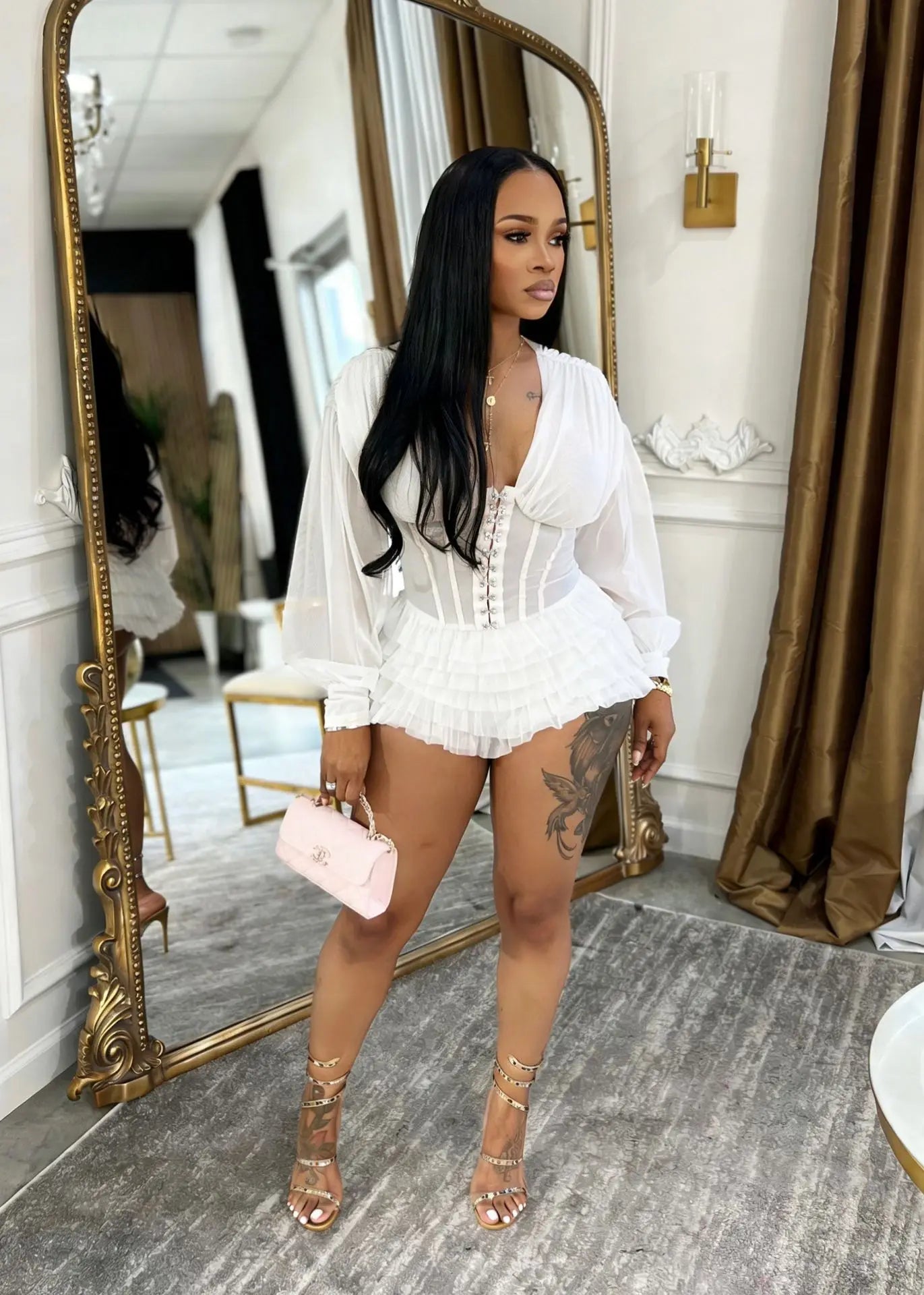 Mesh Ruched Patchwork See Through Long Sleeve Bodycon Rompers for Women