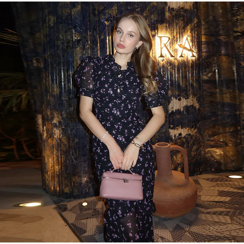 Printed Lace Trim V Neck Puff Sleeve Maxi Dress for Women