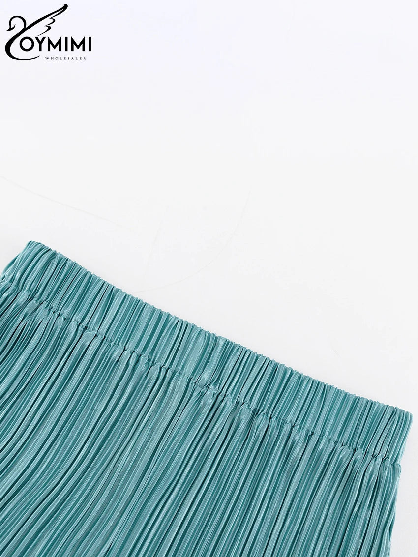 Oymimi Sexy Black Pleated 2 Piece Sets Women Outfit Fashion Loose Slit Long Sleeve Lace-Up Top With High Waist Pants Set Female