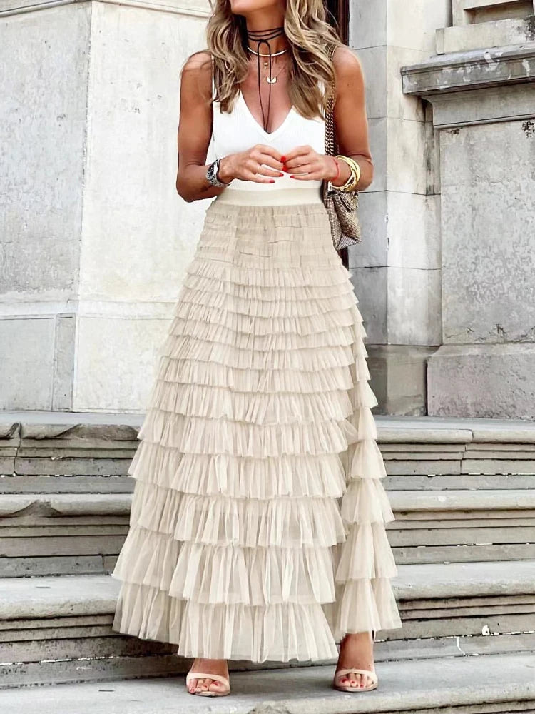 HOUZHOU Solid Multilayer Ruffle Mesh Skirt Women Boho High Waist Long Maxi Tulle Skirt Spring Summer Party Women's Clothing