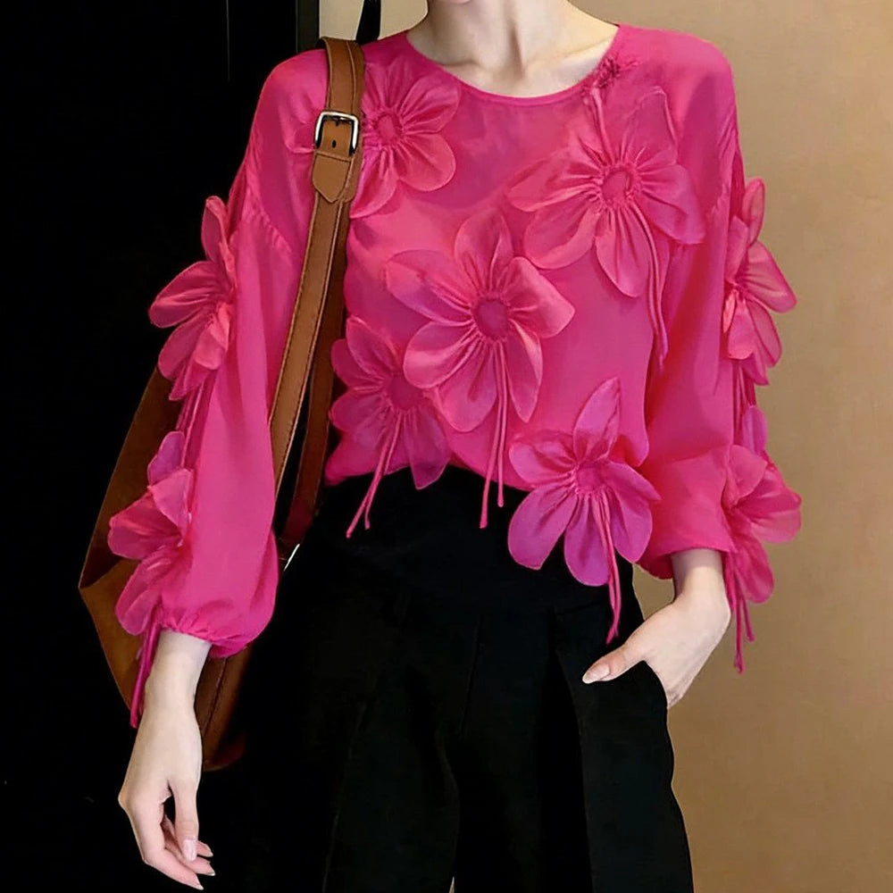Three Dimensional Flower Lightweight Long Sleeve Top for Women