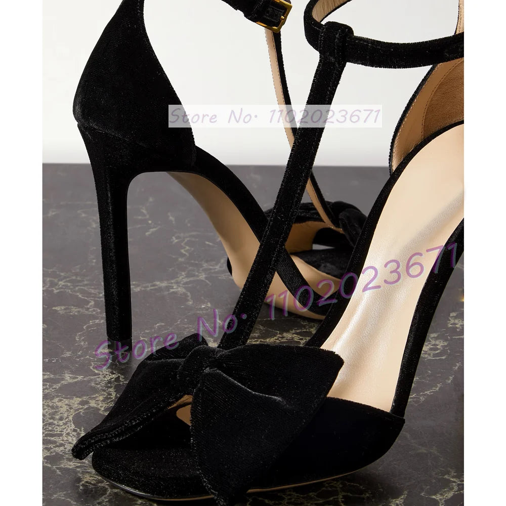 Bow-embellished Velvet Sandals Women's Luxury T Strap Square Toe High Heels Sandals Newest Luxury Party Trendy Cover Heel Shoes