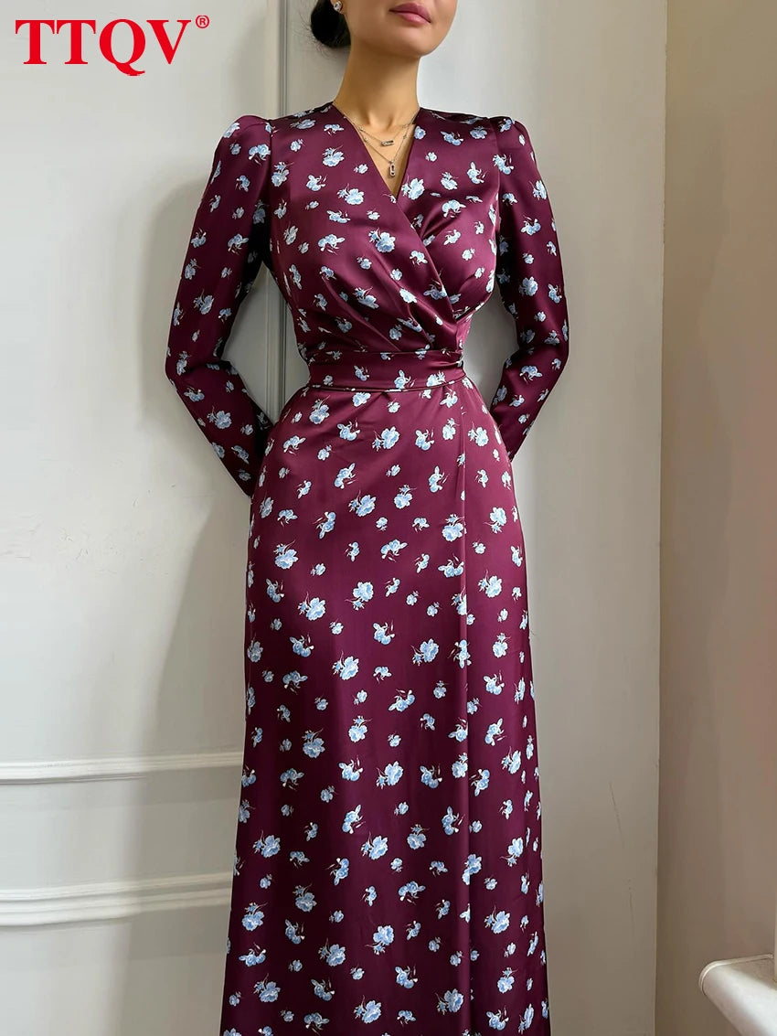 Printed V Neck Long Sleeve Ankle Length Dress for Women