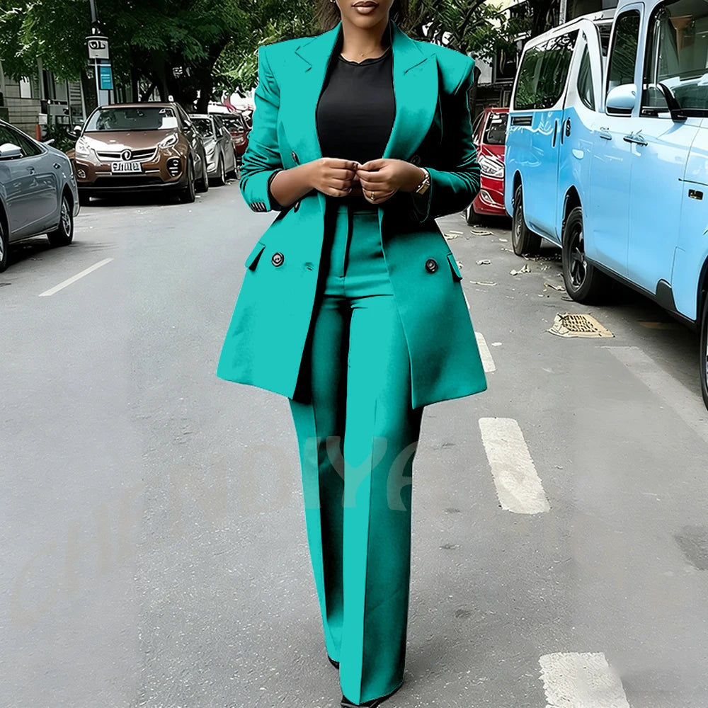 High Quality Women Suits Double Breasted Straight Formal 2 Piece Jacket Pants Peak Lapel High Street Daily Office Casual Suit