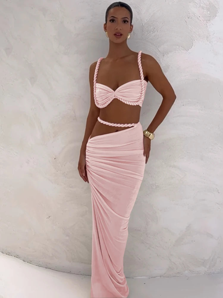 Woven Pleated Crop Top and Maxi Skirt Two Piece Set for Women