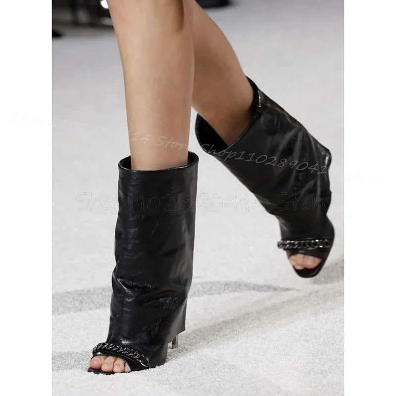 Elegant Black Chain Open Toe High Heel Sandals for Women