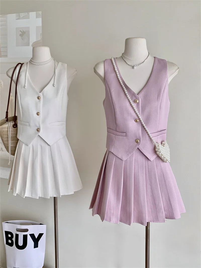 Elegant High Waist Pleated Skirt And Vest Set For Women