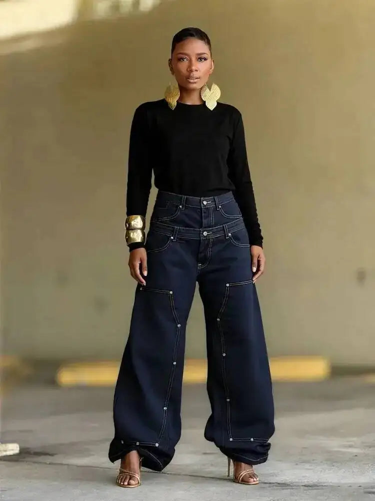 Loose Fit High Waisted Spliced Panel Jeans for Women