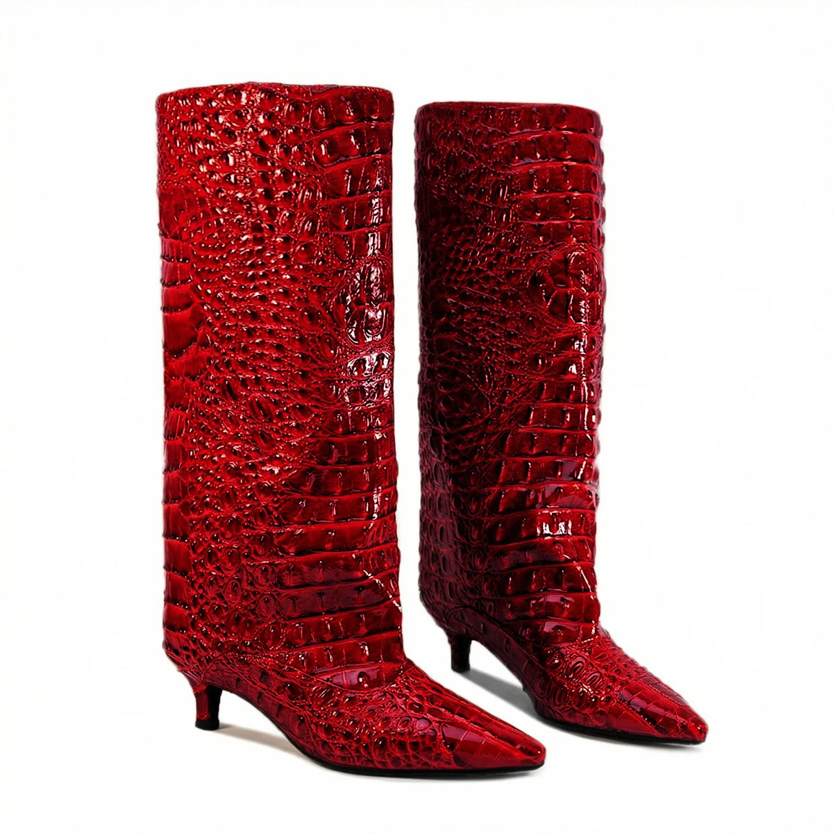 Crocodile Print Wide Shaft Kitten Heel Knee High Boots for Women