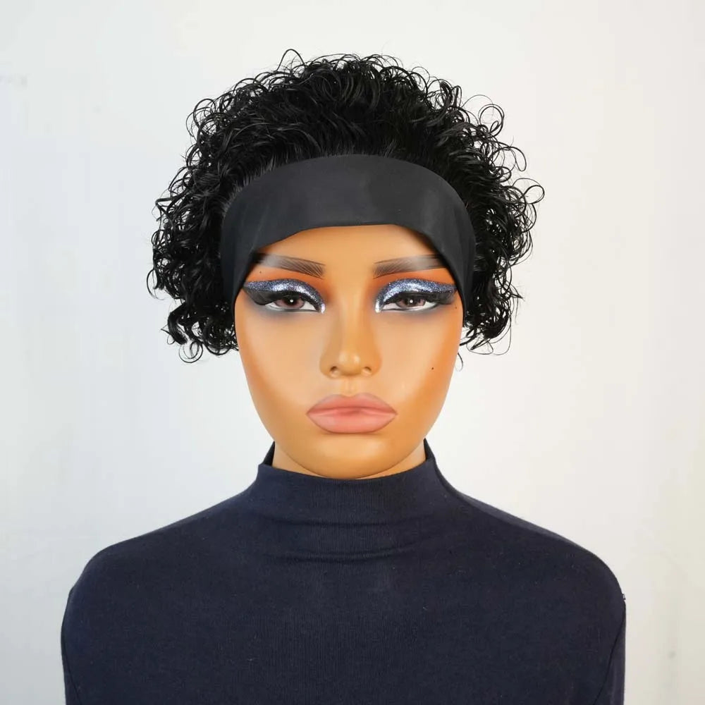 Headband Short Curly Pixie Cut Human Hair Wig for Women
