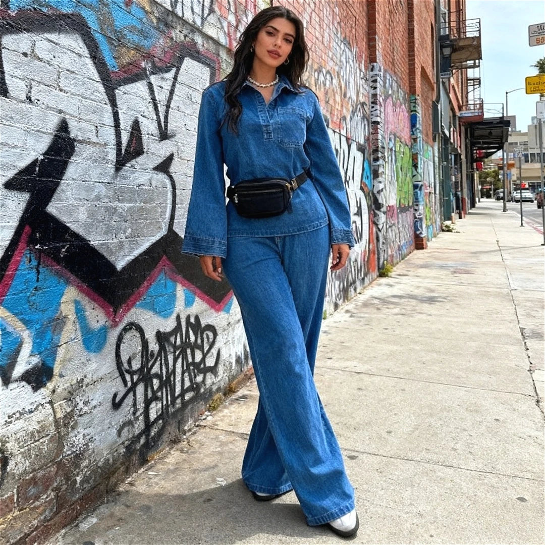 Matching Two Piece Denim Shirt and Wide Leg Pants Set for Women