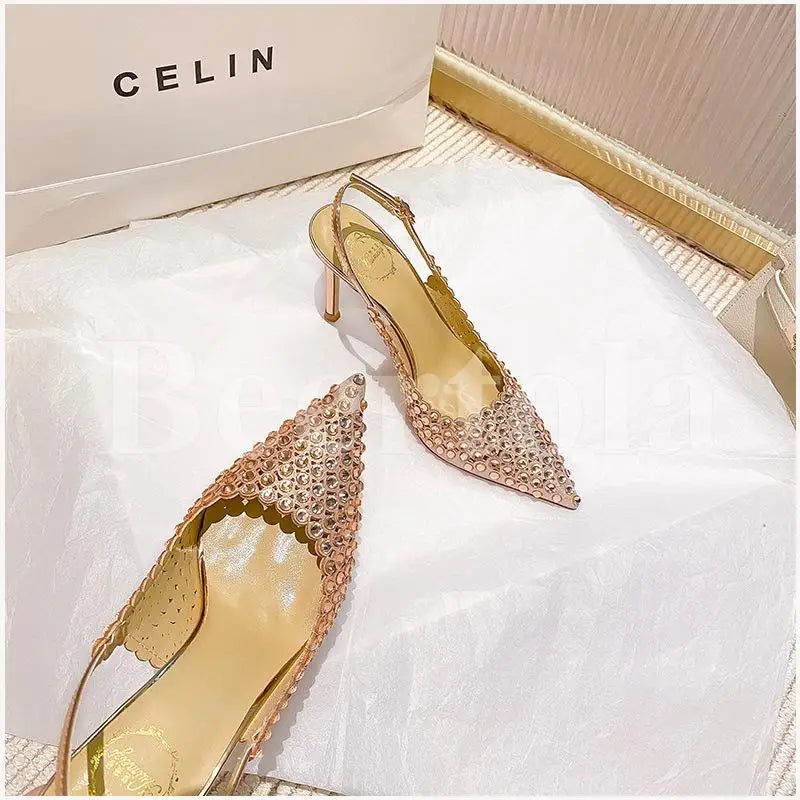 New Rhinestones Woman Sandals Diamond Pointed Toe Shallow Thin High Heels Back Strap Stilettos Female Wedding Bride Sandals