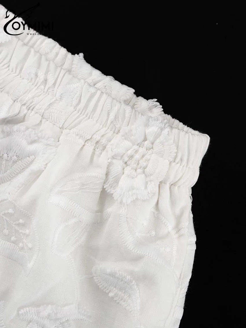 Oymimi Summer White Cotton 2 Piece Sets Women Outfit Casual Jacquard Button Wrist Sleeve Shirts And High Waist Shorts Female Set