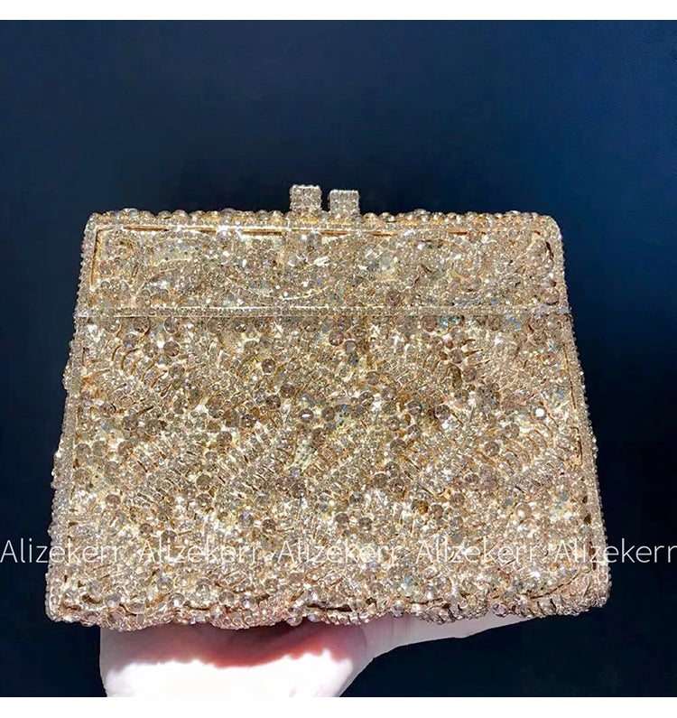 Metallic Leaf Diamond Evening Bag With Rhinestone Accents for Women
