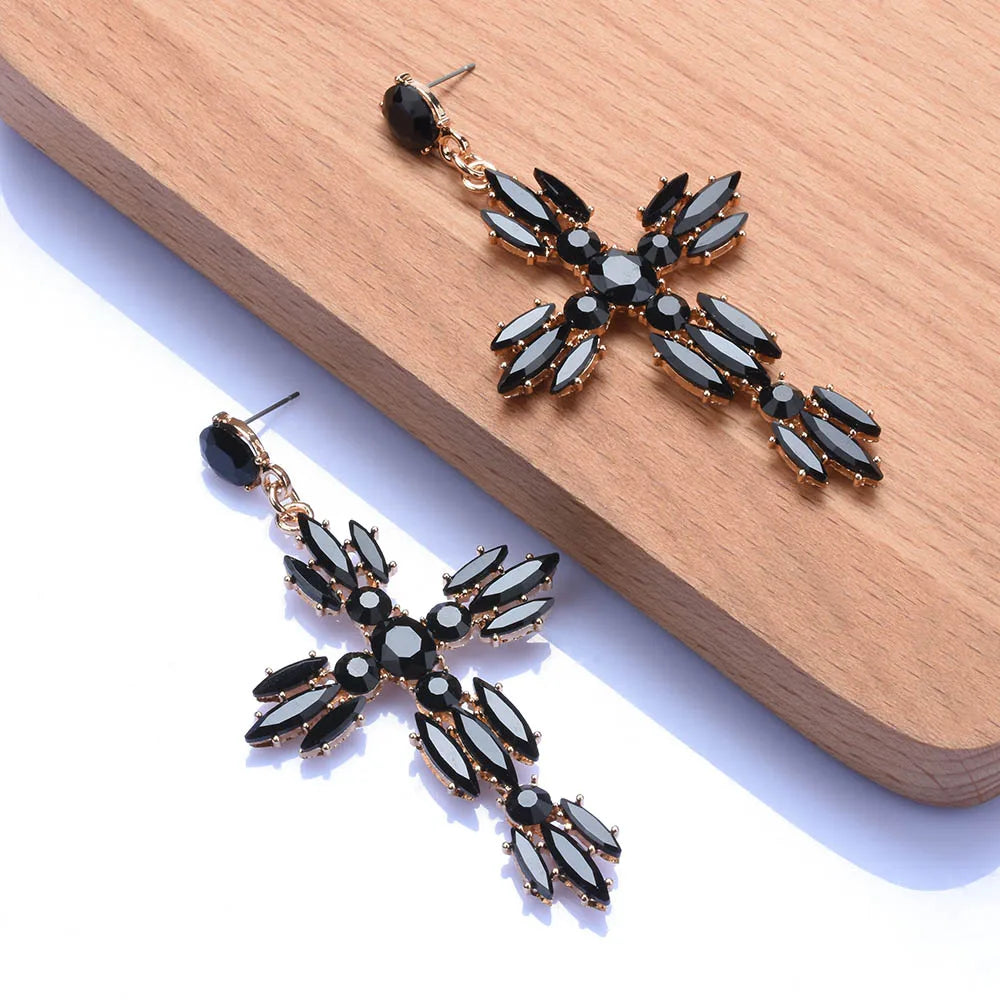 Black Crystal Rhinestone Cross Dangle Earrings for Women