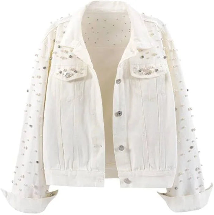 Pearl Beaded Lapel Long Sleeve Denim Jacket for Women