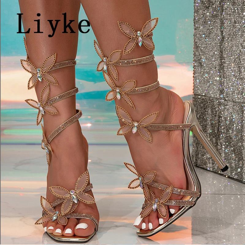 Glitter Rhinestones Square Toe Butterfly Sandals for Women