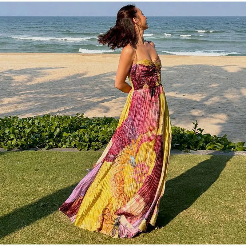 Elegant Floral Print Pleated Floor Length Dress For Women