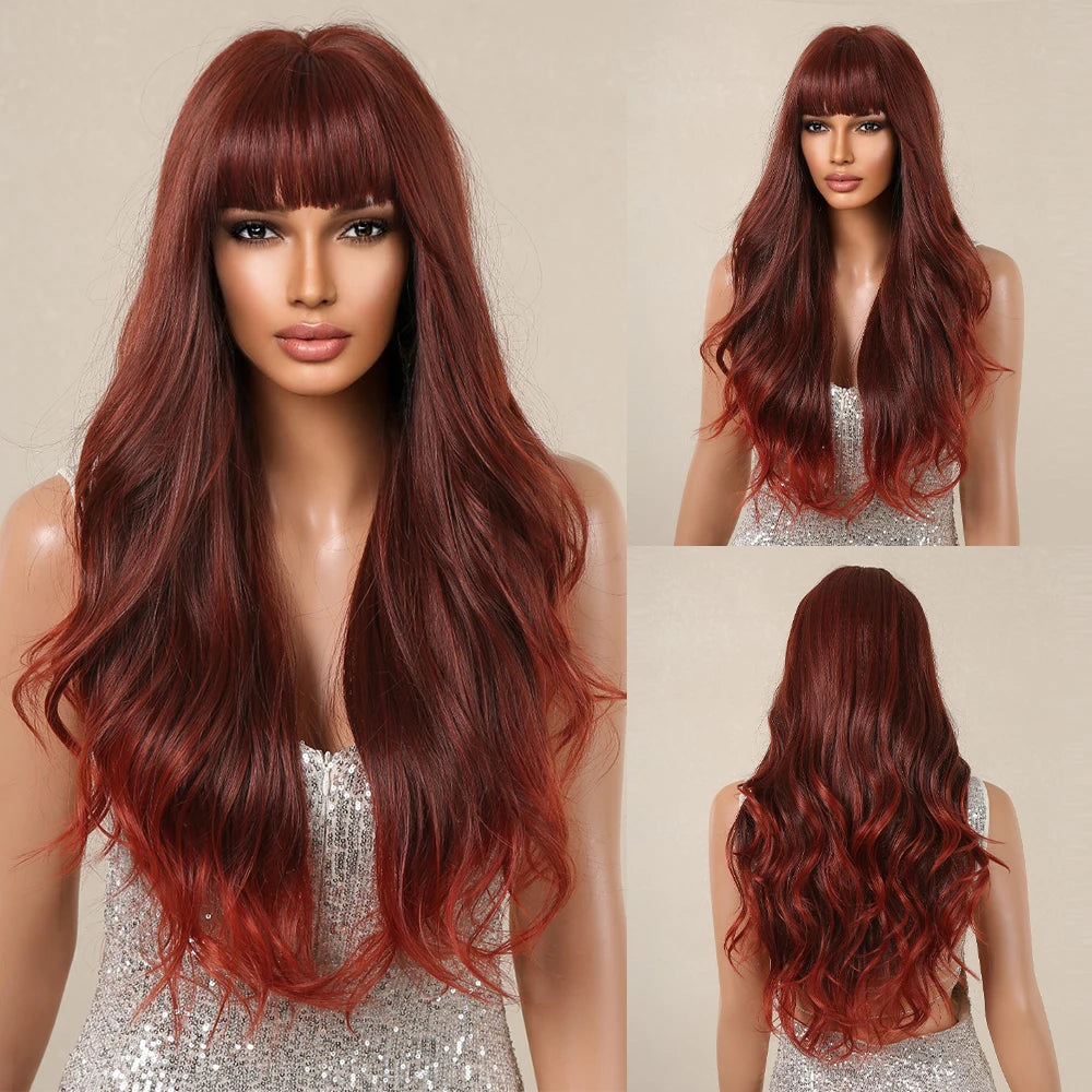 Long Wavy Black Synthetic Wig With Blonde Bangs for Women