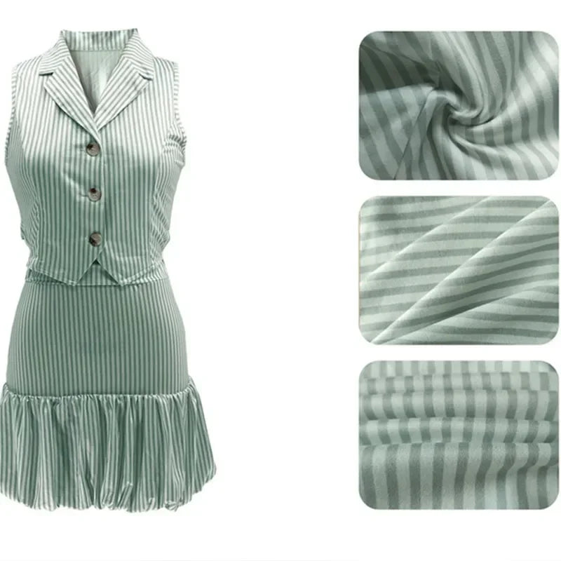 Striped Notched Vest Top And Mini Skirt Set for Women