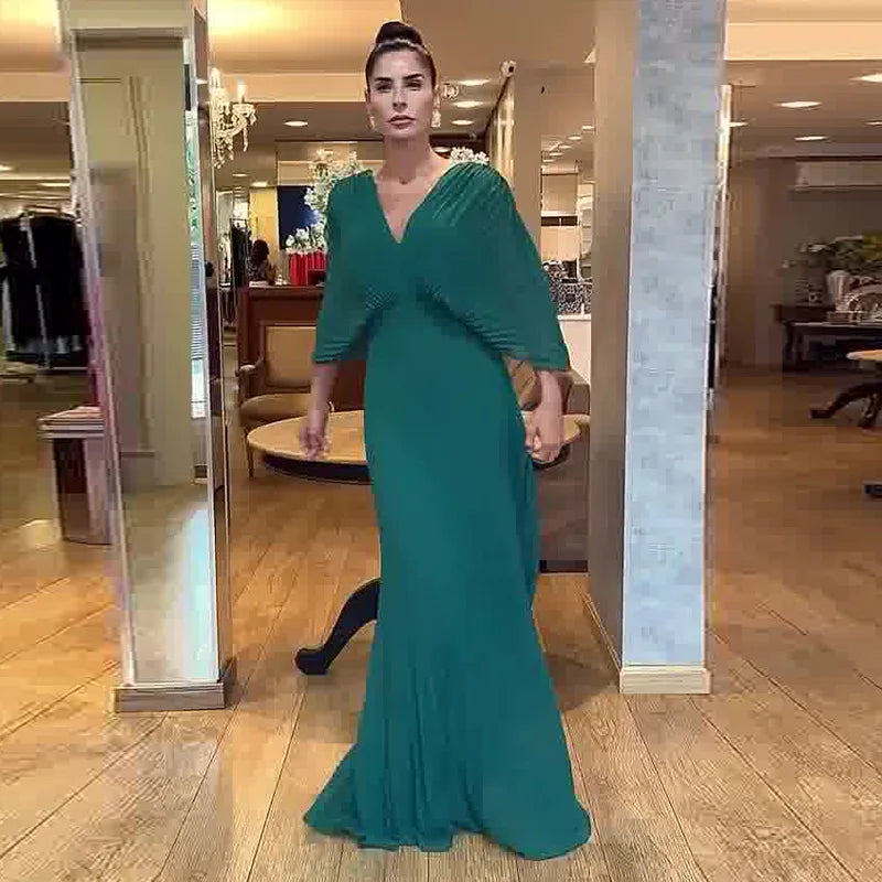 Solid Color V-Neck Bat-Sleeve High-Waisted Dress for Women