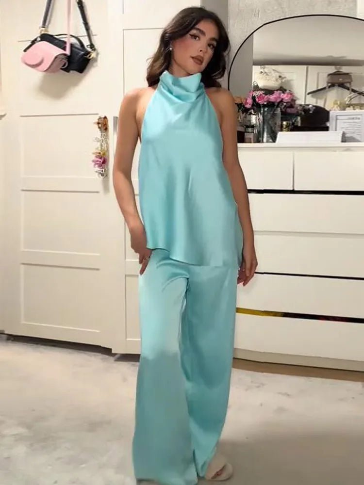Turquoise Satin Cowl Neck Halter Top And Wide Leg Pants 2 Piece Set For Women