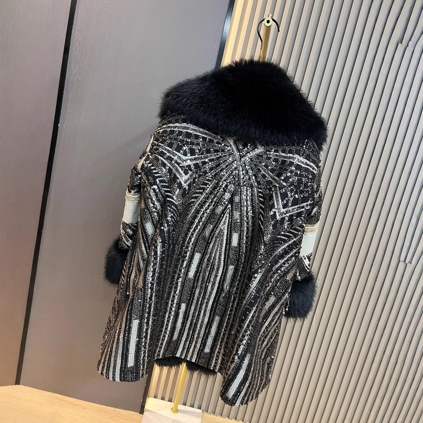 Faux Fox Fur Coat With Sequined Collar