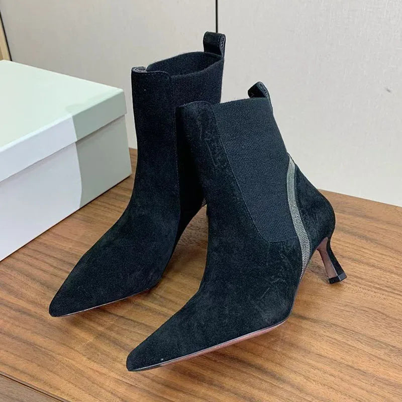 Pointed Toe Kitten Heel Suede Ankle Boots For Women