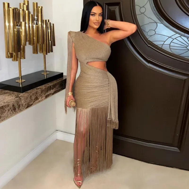 One Shoulder Tassel Ruched Maxi Evening Dress for Women