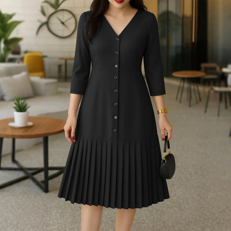 Pleated V-Neck Midi Dress