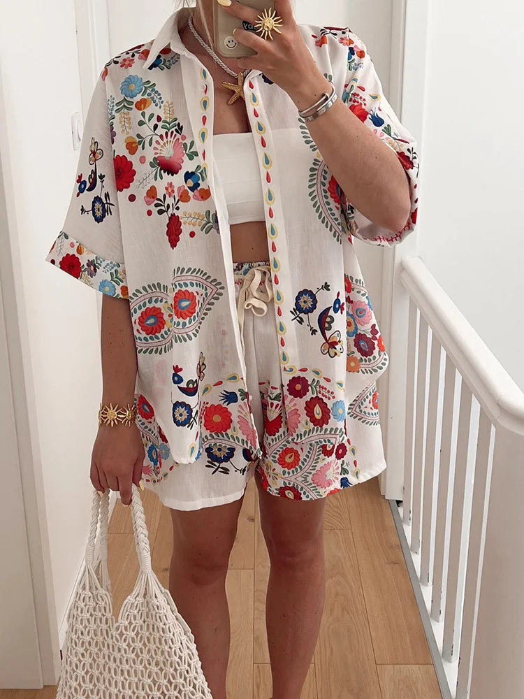 Women Cardigan Top Shorts Two Pieces Sets, Summer Holiday Fashion Half Sleeve Chic Outfit, 2025 Print Elastic Waist Ladies Suits
