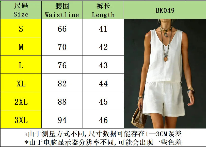 Cotton Linen Summer Casual Vest and Shorts Set for Women