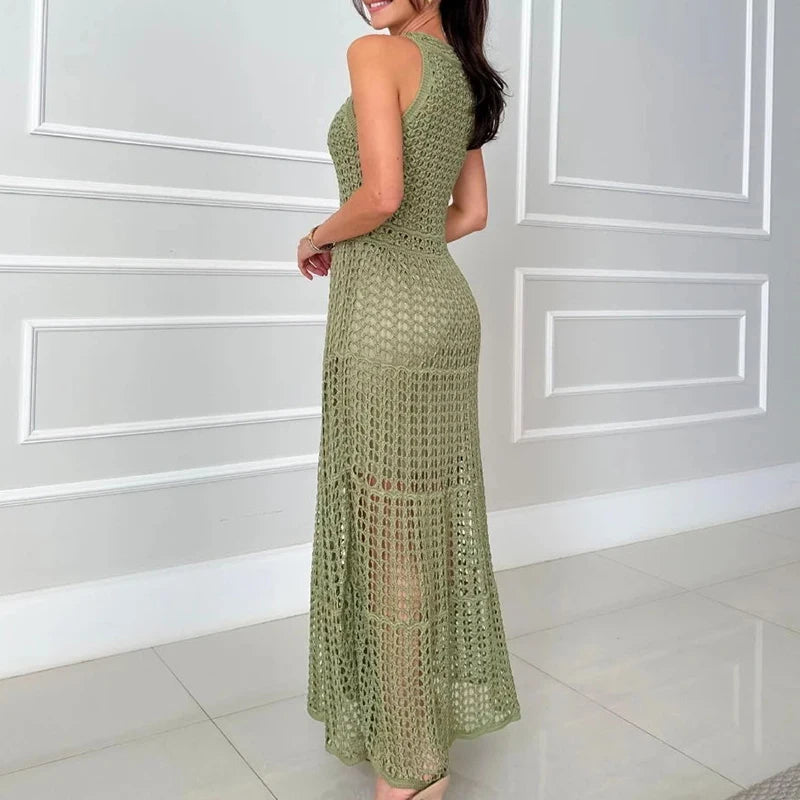 Casual Summer Solid Color O Neck Hollow Knit Sleeveless Maxi Dress for Women